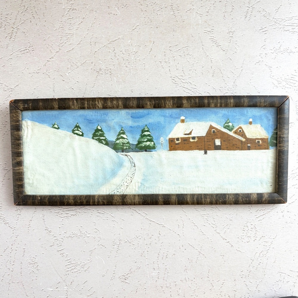 Vintage Folk Art Winter Landscape Cabin Snow Scene Painting Framed 12x5